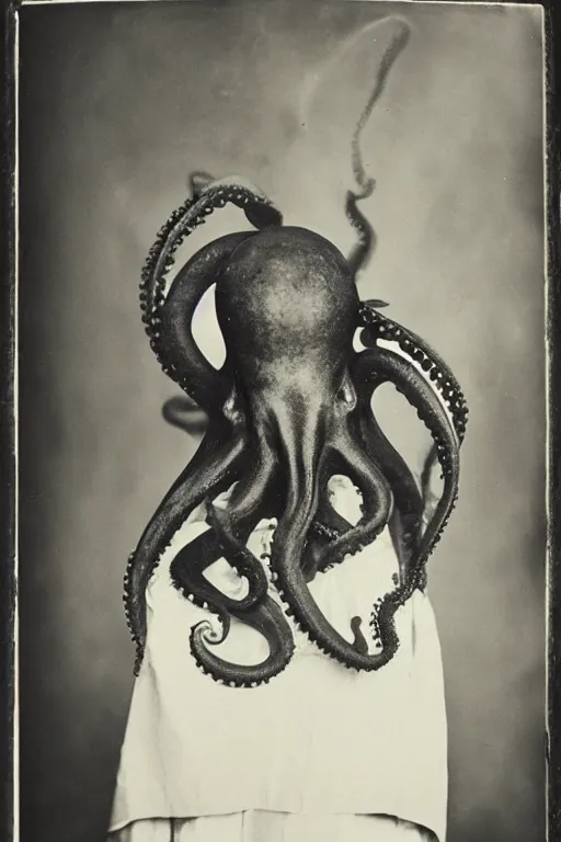 Image similar to a wet plate photo of an anthropomorphic octopus as pope