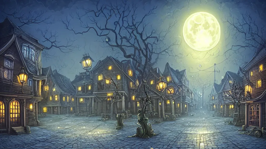 Image similar to empty lovecraftian town square surrounded by houses and inns. lovecraftian city at night by cyril rolando and naomi okubo and dan mumford and ricardo bofill. lovecraft. cobbled streets. oil lamp posts. lovecraftian statues. full moon halo.