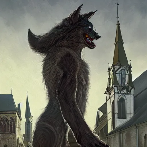 Image similar to werewolf in the city lviv church of st. elizabeth, portrait, highly detailed, full body, digital painting, trending on artstation, concept art, sharp focus, illustration, art by artgerm and greg rutkowski and magali villeneuve