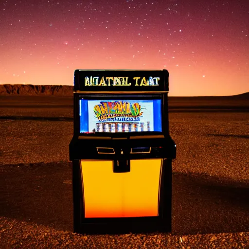 Image similar to a slot machine in the middle of a desert at night, wide shot, liminal space,