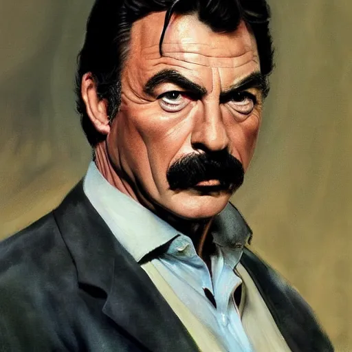 Image similar to ultra realistic portrait painting of tom selleck as dutch van der linde, art by frank frazetta, 4 k, ultra realistic, highly detailed, epic lighting