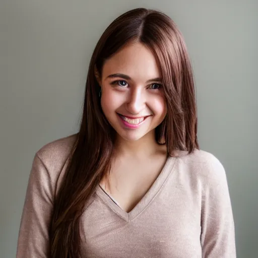 Image similar to Photograph of April, a cute young woman, long shiny bronze brown hair, full round face, green eyes, medium skin tone, light cute freckles, light blush, smiling softly, wearing casual clothing, interior lighting, cozy living room background, medium shot, mid-shot, hyperdetailed, hyperreal,