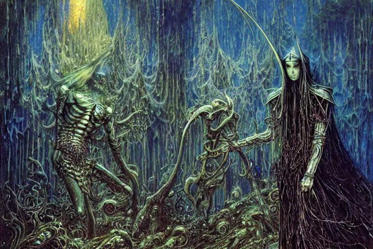 Image similar to knight in enchanted lovecraftian garden by jean delville, luis royo, beksinski, grimshaw