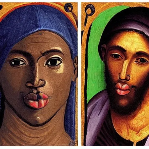 Prompt: A 11th century african Italo-Byzantine painting of Jerma985, portrait of women, grainy, realistic, very realistic, hyperrealistic, highly detailed, very detailed, extremely detailed, very neat, very epic, very cool, detailed, no crop, trending on artstation