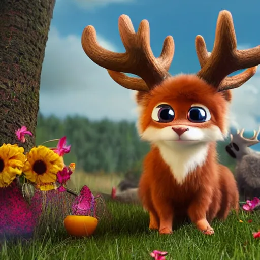 Prompt: cute furry chibi with elk antlers and fairy wings pixar octane render