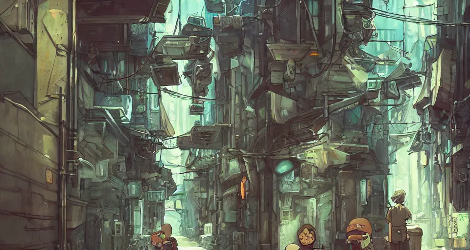 Prompt: concept art of sci - fi alleyway, in style of hayao miyazaki, by studio ghibli, hyper detailed, 8 k hdr, artstation, cg render