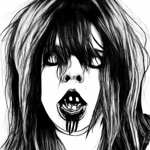 Image similar to grunge drawing of billie eilish in the style of the grudge