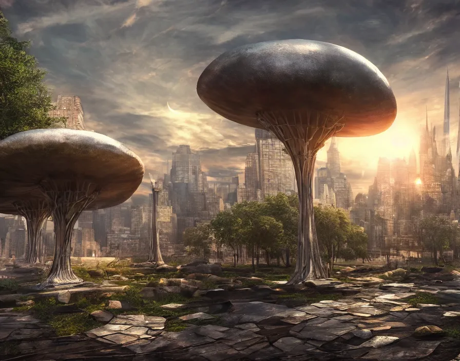 Prompt: giant metal mushrooms in new york, beautiful graphics, fantasy artwork, very beautiful scenery, hd, hdr, ue 5, ue 6, unreal engine 5, cinematic 4 k wallpaper, 8 k, ultra detailed