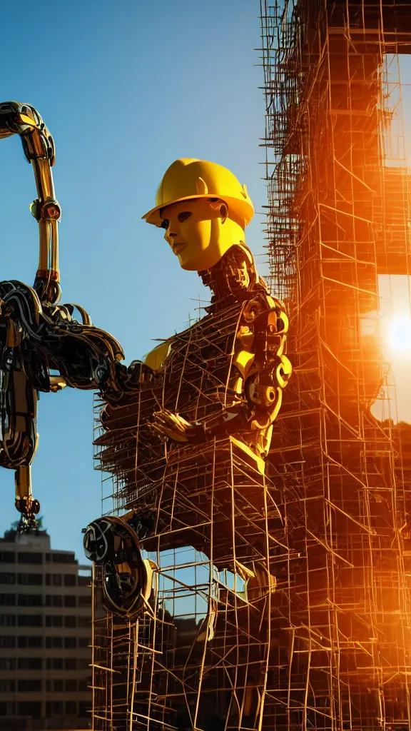 Prompt: robot in construction, golden hour, portrait, architect portrait