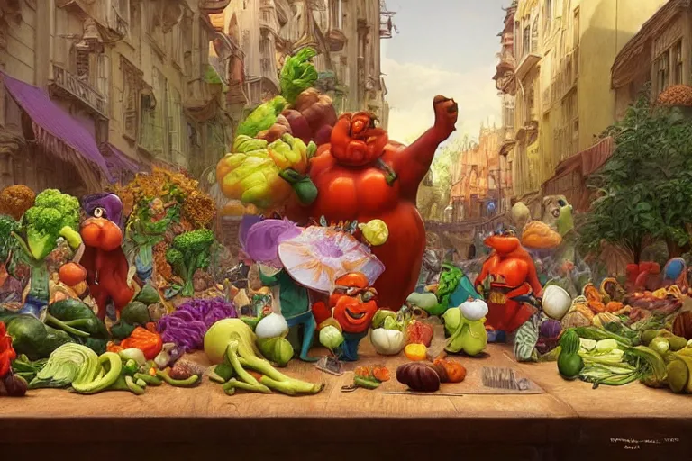 Image similar to vegetable small creatures parade on a cutting board. kitchen in the background. digital art, realistic, pixar style, highly detailed, cinematic, matte painting, vivid colors, realistic, epic, low angle, lighting, by greg rutkowski and artgerm and alphonse mucha