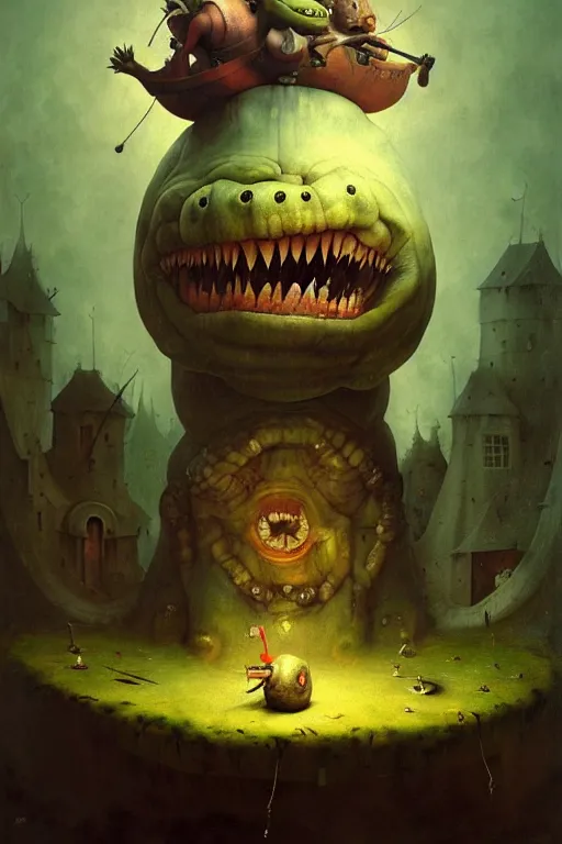 Image similar to hieronymus bosch, greg rutkowski, anna podedworna, painting of king k rool's floating head with huge buff arms growing out of it