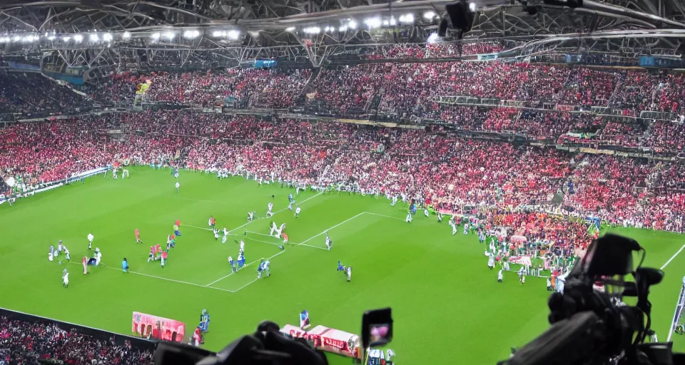 Image similar to television broadcast of professional soccer game, players wearing top hats, wide angle, birds eye, tv