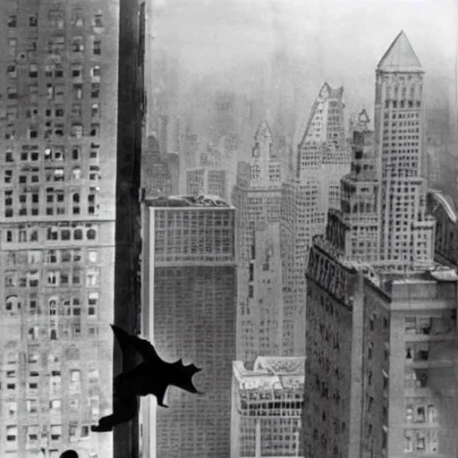 Prompt: old black and white photo, 1 9 2 5, depicting batman fighting a new york gangster on top a skyscraper steel bars of new york city, rule of thirds, historical record