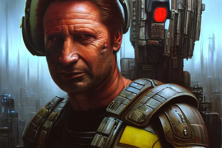 Image similar to portrait of david duchovny as judge dredd in megacity one. cyberpunk artwork, dystopian. dirty, grime. 4 k digital art, 8 0's style. tomasz alen kopera, peter mohrbacher, donato giancola, boris vallejo, drew struzan realistic detailed oil painting, urban horror, frank frazetta, brian bolland