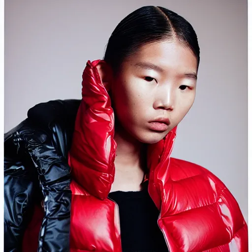 Image similar to realistic photoshooting for a new balenciaga lookbook, color film photography, portrait of a blonde asian woman, model wearing a puffer jacket, photo in style of tyler mitchell, 3 5 mm,