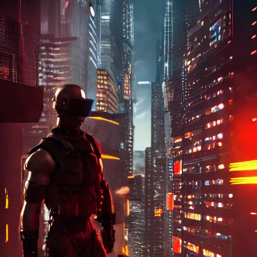 Image similar to Snake Eyes from G.I. Joe standing in a cyberpunk city, 4k, trending on artstation,