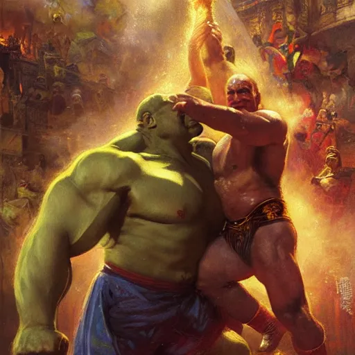 Image similar to the iron sheik breaking hulk hogan's back, radiant light, caustics, heroic, bright iridescent light, by gaston bussiere, bayard wu, greg rutkowski, maxim verehin, epic wrestling combat, legendary