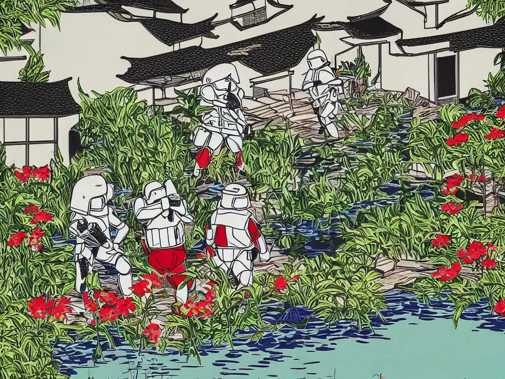 Image similar to detailed close - up image of the japanese home with a garden and a pond, 2 stormtroopers sitting around it, pop - art style, jacky tsai style, andy warhol style, roy lichtenstein style, rich palette, acrylic on canvas