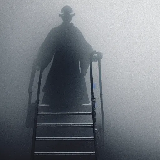 Image similar to a ghostly hand holding a metal step ladder emerges from the mist