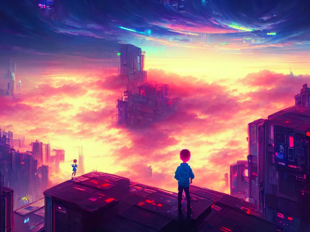 Image similar to a painting of a boy on top of a building watching a colorful sunrise futuristic city surrounded by clouds, cyberpunk art by yoshitaka amano and alena aenami, cg society contest winner, retrofuturism, matte painting, apocalypse landscape, cityscape