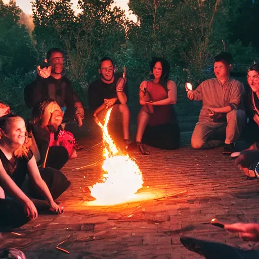 Image similar to photograph of people bonding around a firecircle, kismet