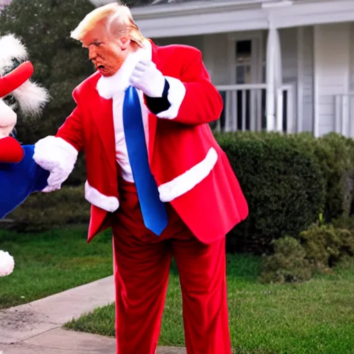 Image similar to photo of Donald Trump wearing a Santa Claus outfit getting in a fist fight with the Easter Bunny, 4k