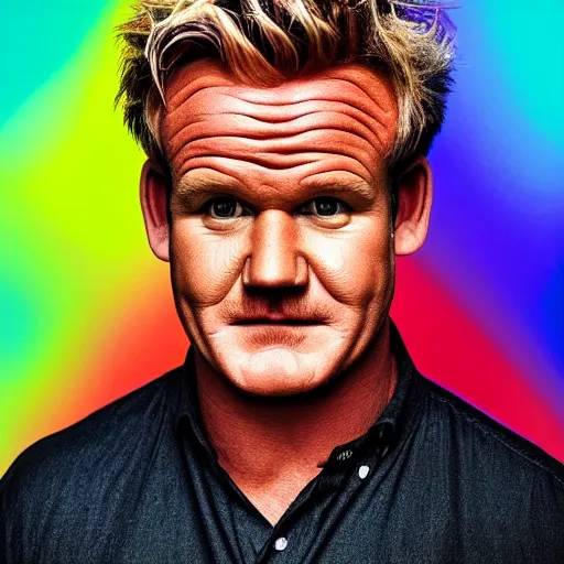 Image similar to symmetrical, full body portrait of Gordon Ramsey, very happy, studio lighting, depth of field, photography, hyper colors, highly detailed