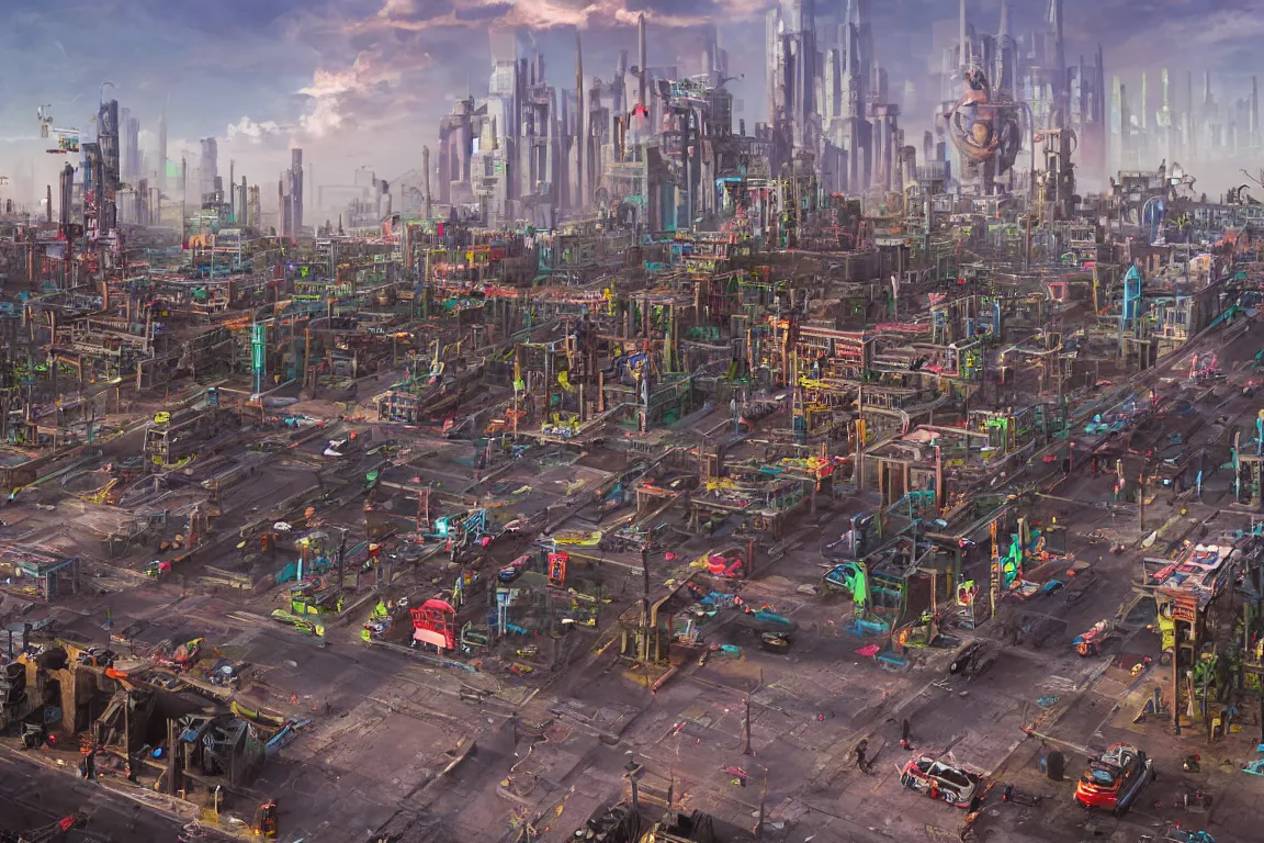 Image similar to hyperrealistic matte painting of aztec temples in a future environment with flying cars, mechanical features and neon, graffiti, scaffolding, smog, destruction by filip hodas, beeple, 4 k, trending on cgsociety