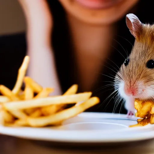 Image similar to detailed photo of a hamster eating fries, fancy restaurant, various poses, full body, unedited, soft light, dof 8 k