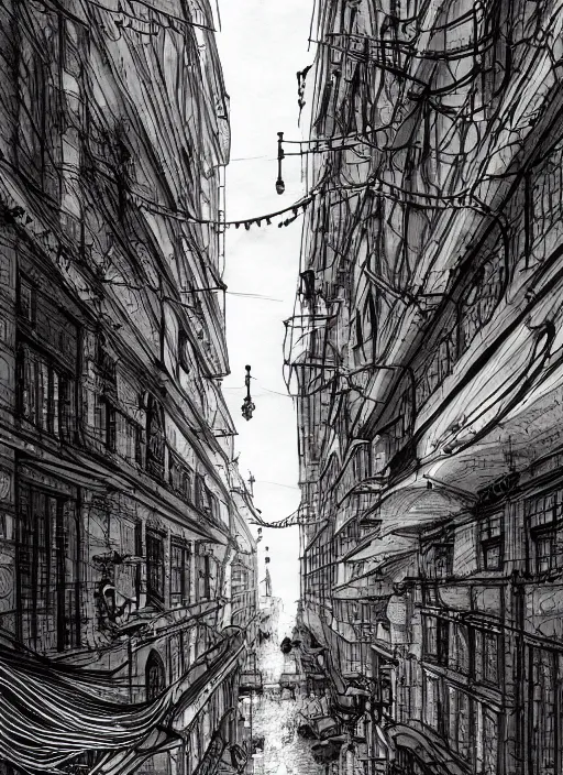 Prompt: Budapest , Dynamic lighting, cinematic, extremely high detail, photo realistic, cinematic lighting, pen and ink, intricate line drawings, post processed, artstation, matte painting, style by Paru Itagaki