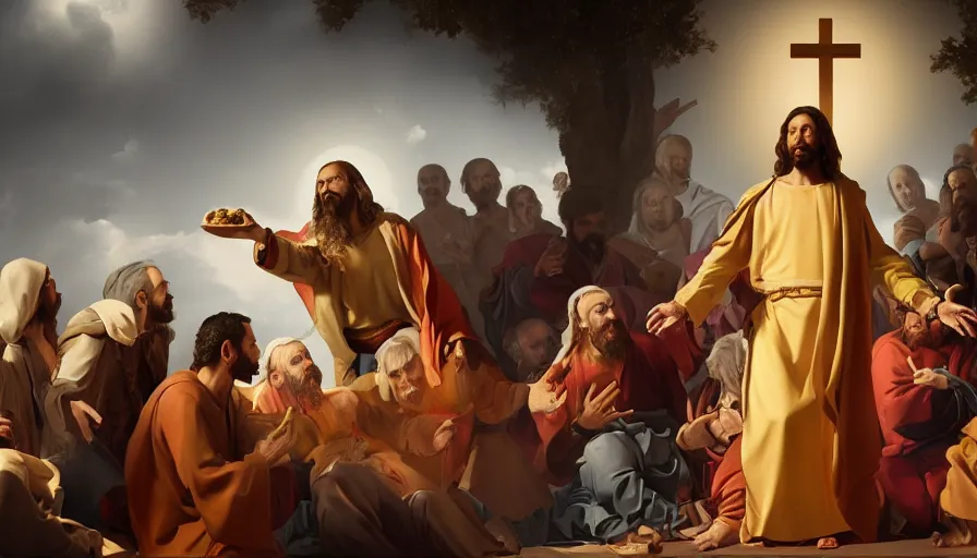 Prompt: Baroque painting representing Jesus Christ presenting a Big Mac to the apostles, hyperdetailed, artstation, cgsociety, 8k
