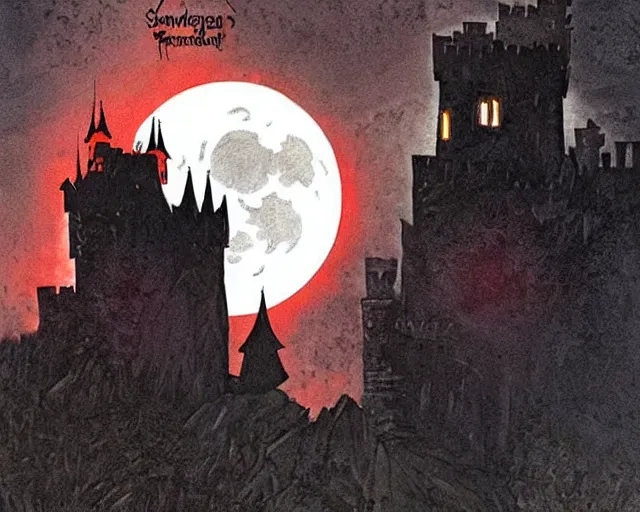 Image similar to dracula's castle rising up from the mist at night silhouetted by a single huge bloodmoon by dc comics and sandra chevrier