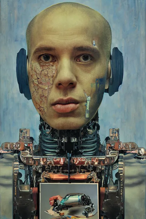 Image similar to robot monk painting a self - portrait on a canvas. intricate, highly detailed, photorealistic, film still, by christopher doyle.