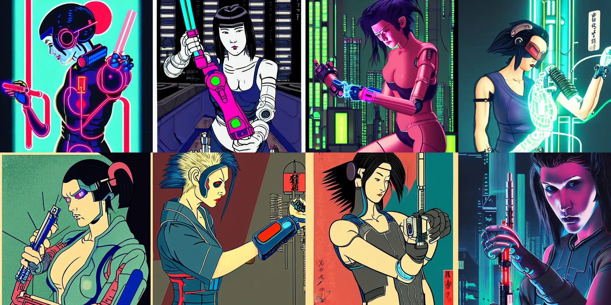 Prompt: cyberpunk, cyborg woman repairing her cybernetic arm with a sonic screwdriver, detailed, ukiyo-e, neon, Sergiy Polobyuk, Vitaliy Bondarchuk, ghost in the shell,