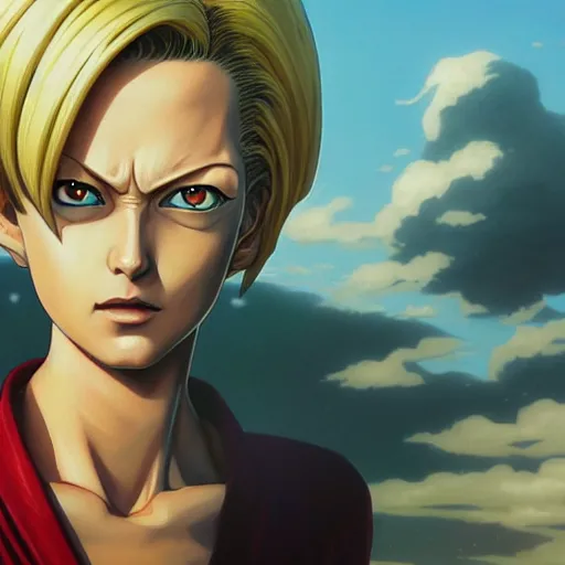 Prompt: highly detailed vfx portrait of android 1 8 by eiichiro oda!, stephen bliss, greg rutkowski, loish, rhads, beeple, makoto shinkai, tom bagshaw, alphonse mucha, sharp focus, art by artgerm and greg rutkowski, stanley kubrick, backlit, harsh overhead sunlight,