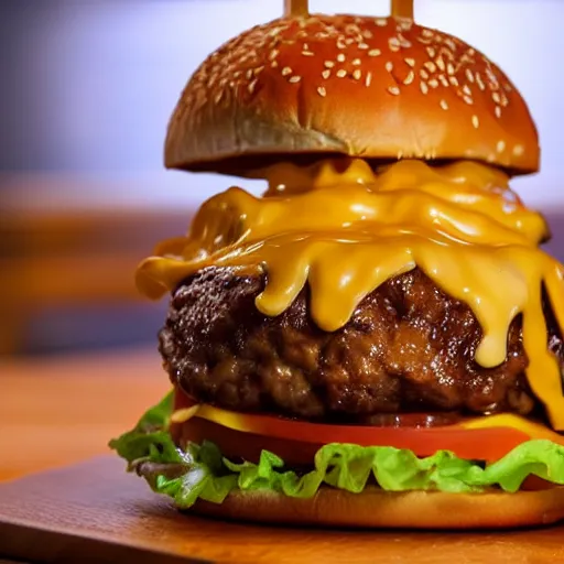 Image similar to stage photography highly detailed studio lighting food photography of a towering triple cheeseburger with melted cheese and fries on the side, stunning quality of scrumptious food