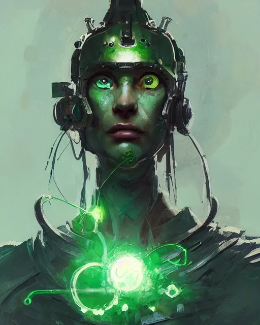 Prompt: character design, cyborg spellcaster, green robes, pen and ink, oil painting portrait, colorful, style by ian mcque, craig mullins, emil melmoth, + in style of charlie bowater, peter mohrbacher, marc simonetti, trending on artstation cgsociety, cinematic 8 k
