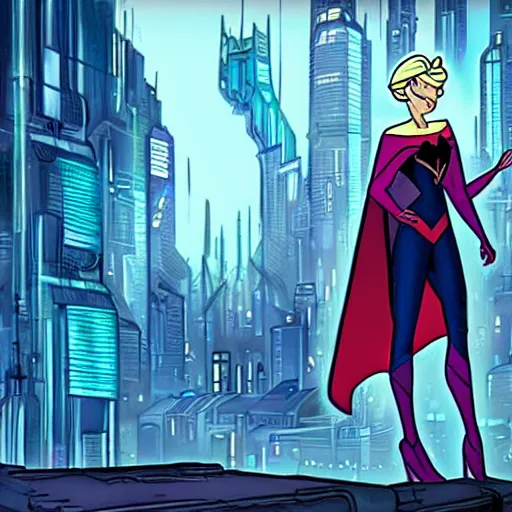 Prompt: elsa as a superhero in a dystopian cyberpunk city