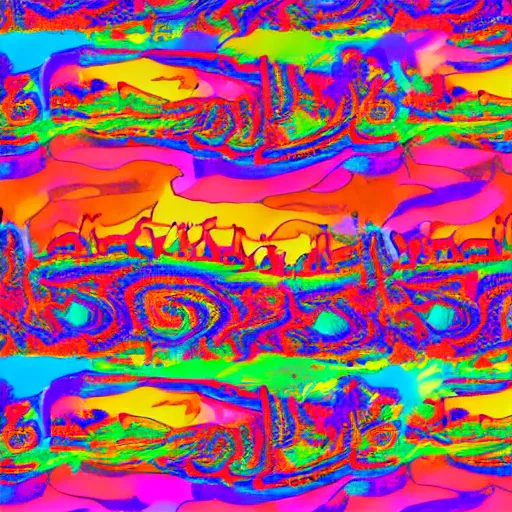 Image similar to psychedelic rainbow colored herd of llamas on a flower covered meadow