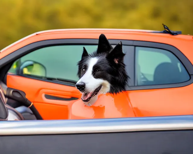 Prompt: border collie dog in the driver's seat of an orange nissan note, paws on wheel, car moving fast, rally driving photo, award winning photo, golden hour, front of car angle, extreme horizontal motion blur, 3 0 0 mm lens
