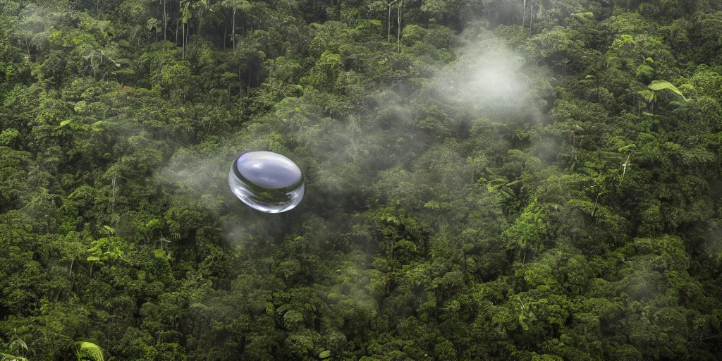 Image similar to photo of a chrome blob hovering in the amazon jungle, cinematic wide shot