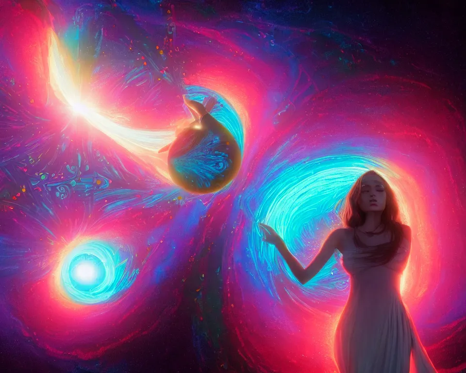 Image similar to a beautiful whimsical woman standing under a multi-colored binary blackhole with an accretion disc, casting magic, glowing trails following her arms, intricate repeating geometric patterns, fractals, by Ross Tran, by Greg Rutkowski, by artgerm, by beeple, by moebius, cinematic angle, volumetric lighting, 4k resolution, octane render, trending on artstation, masterpiece