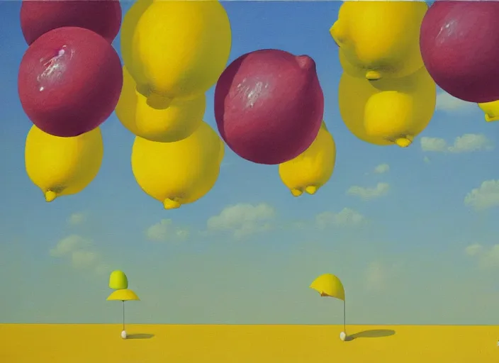 Prompt: abstract composition with lemons and umbrellas, oil on canvas, in the style of Rene Magritte,