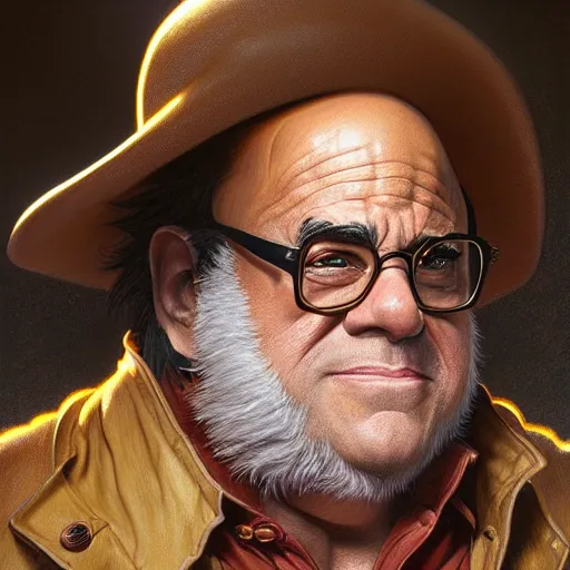 Image similar to SSJ3 Danny DeVito, western, D&D, fantasy, intricate, elegant, highly detailed, digital painting, artstation, concept art, matte, sharp focus, illustration, art by Artgerm and Greg Rutkowski and Alphonse Mucha