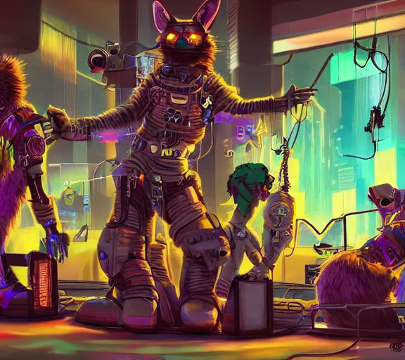 Image similar to high - resolution photograph from a cyberpunk era furry fandom convention ( midwest furfest 2 0 4 7 ), taking place after the genetic revolution and quantum singularity. photorealistic.