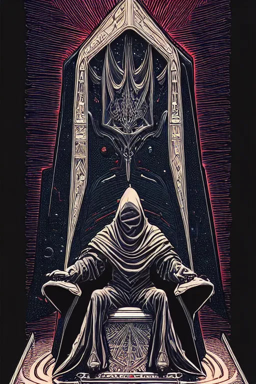 Prompt: cloaked wizard sitting in a throne, high details, intricately detailed, by vincent di fate, inking, 3 color screen print, masterpiece, trending on artstation,, sharp, details, hyper - detailed, hd, 4 k, 8 k