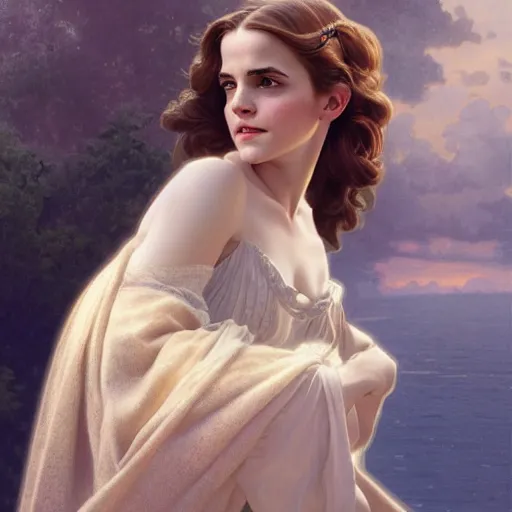 Image similar to Emma Watson of medieval art, medium shot, intricate, elegant, highly detailed, digital painting, volumetric light, artstation, concept art, smooth, sharp focus, illustration, art by Gil Elvgren and Greg Rutkowski and Alphonse Mucha, 8K