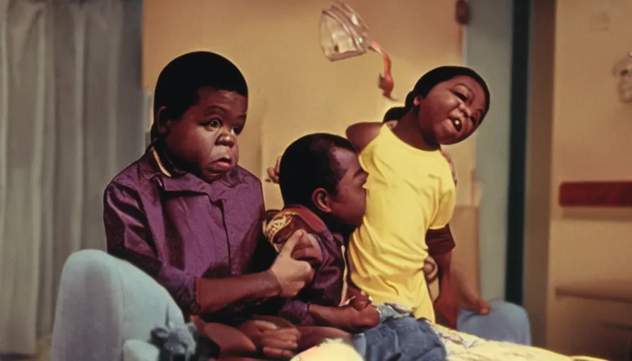 Image similar to 7 0 s film still from a horror movie of gary coleman and emmanuel lewis, kodachrome, cinecolor, cinestill, film grain, film texture, retro, cinematic, high resolution, photorealism,