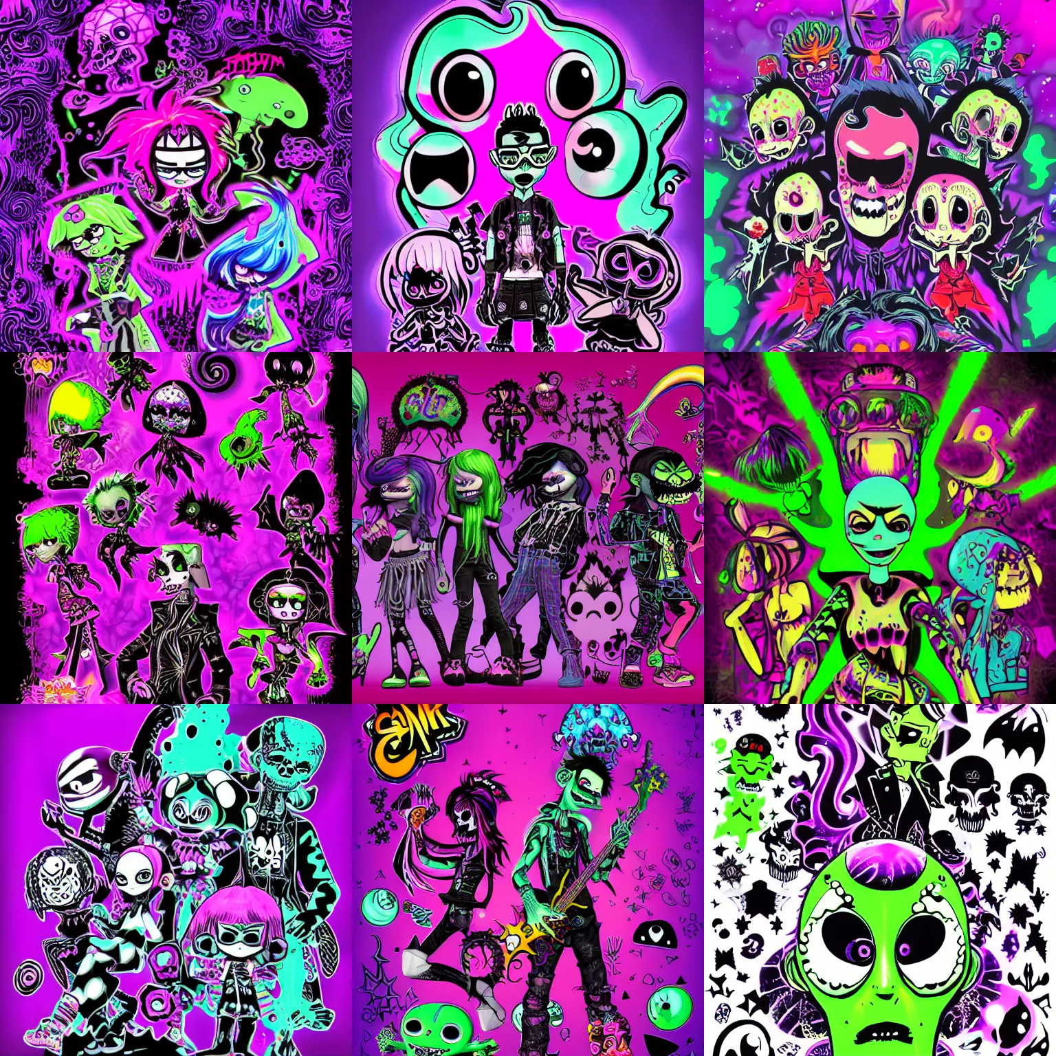 Prompt: CGI lisa frank gothic punk blacklight glow in the dark vampiric rockstar underwater caustics vampire squid background designs of various shapes and sizes by genndy tartakovsky and ruby gloom by martin hsu and the creators of fret nice at pieces interactive and splatoon by nintendo and psychonauts by doublefines tim shafer being overseen by Jamie Hewlett from gorillaz for splatoon by nintendo