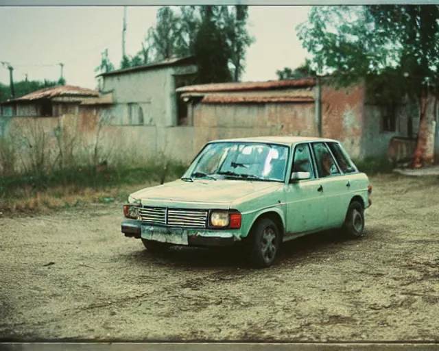 Image similar to a lomographic photo of old lada 2 1 0 7 standing in typical soviet yard in small town, hrushevka on background, cinestill, bokeh